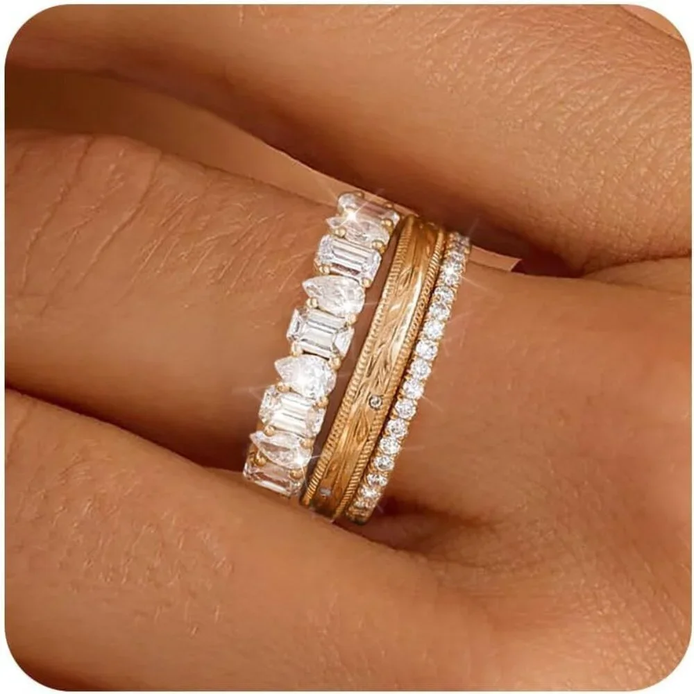 Stackable Gold Rings Women's Jewelry Set 3pcs Cubic Zirconia Dainty Wedding